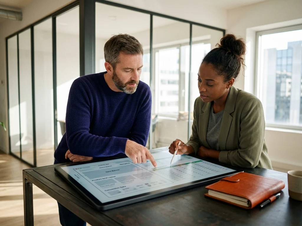 Designer et expert SEO collaborent sur une interface web pour optimiser visibilité et conversion.
