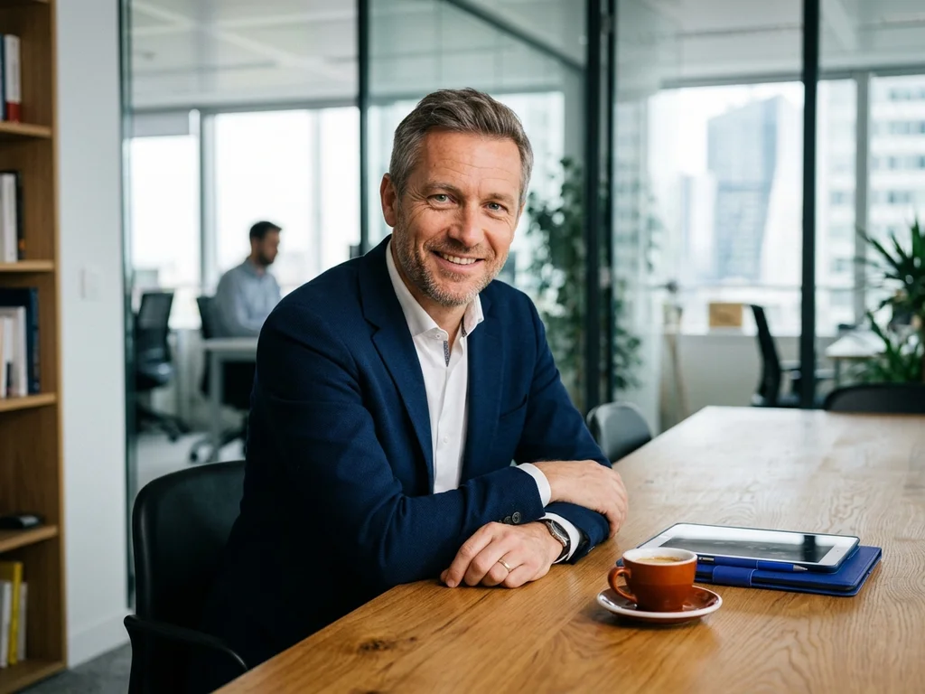 Julien M., dirigeant à Courbevoie, souriant avec confiance pour illustrer un partenariat de netlinking réussi.
