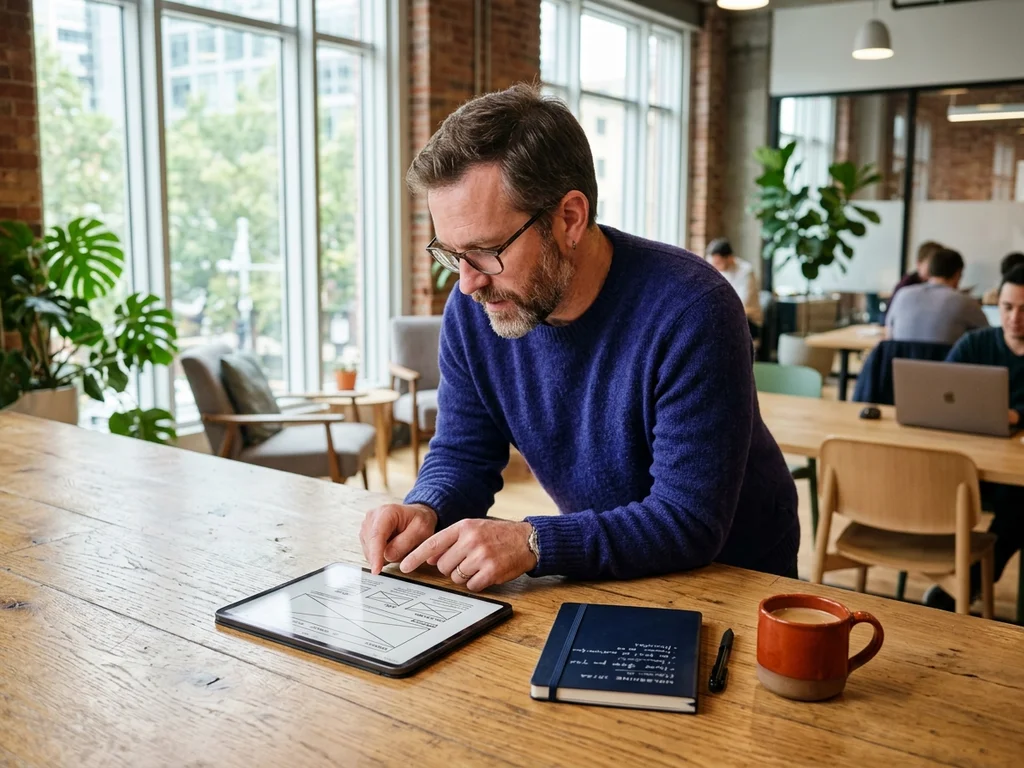 Un expert de l'agence de Courbevoie analyse l'ergonomie d'une interface web sur tablette.